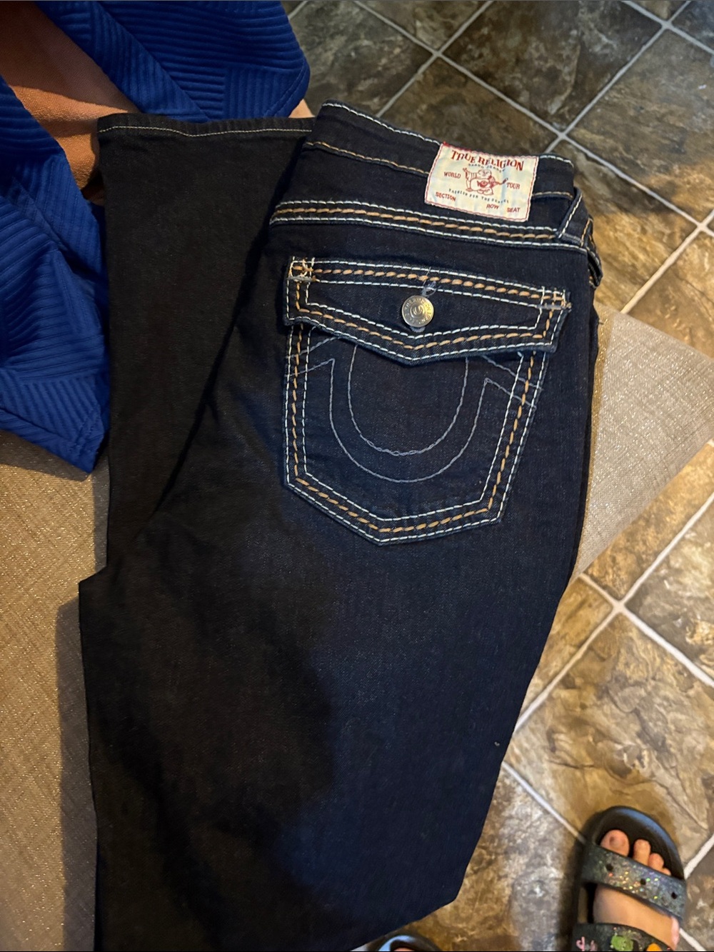 True Religion Women's Dark Indigo Straight Leg Jeans with Contrast Stitching